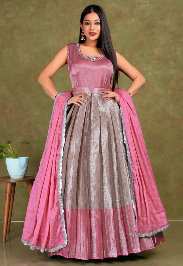 Peach Banarasi Long Frock With Dupatta For Women - Gajiwala
