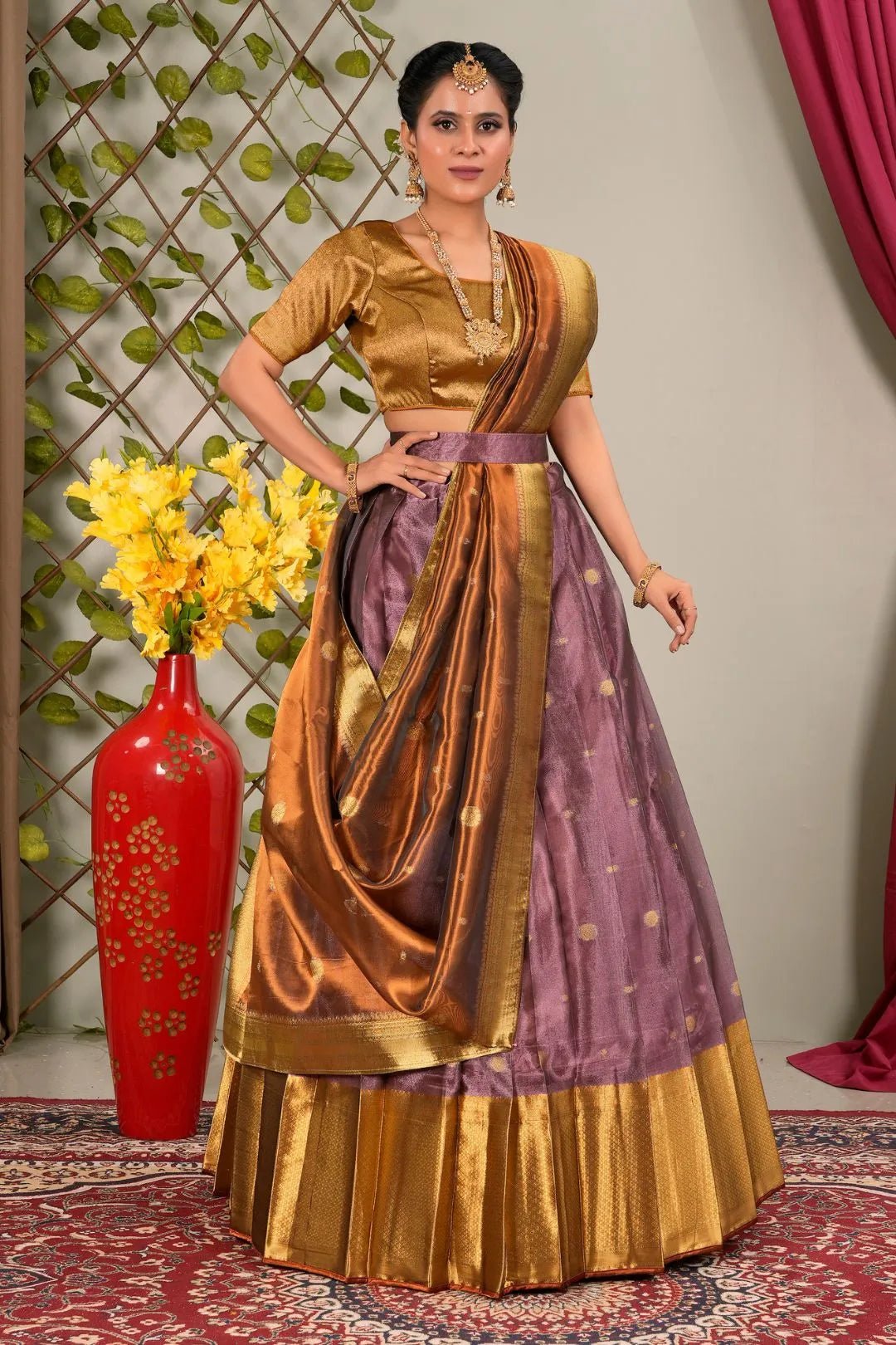 Peach Banarasi Silk Half Saree For Women - Gajiwala