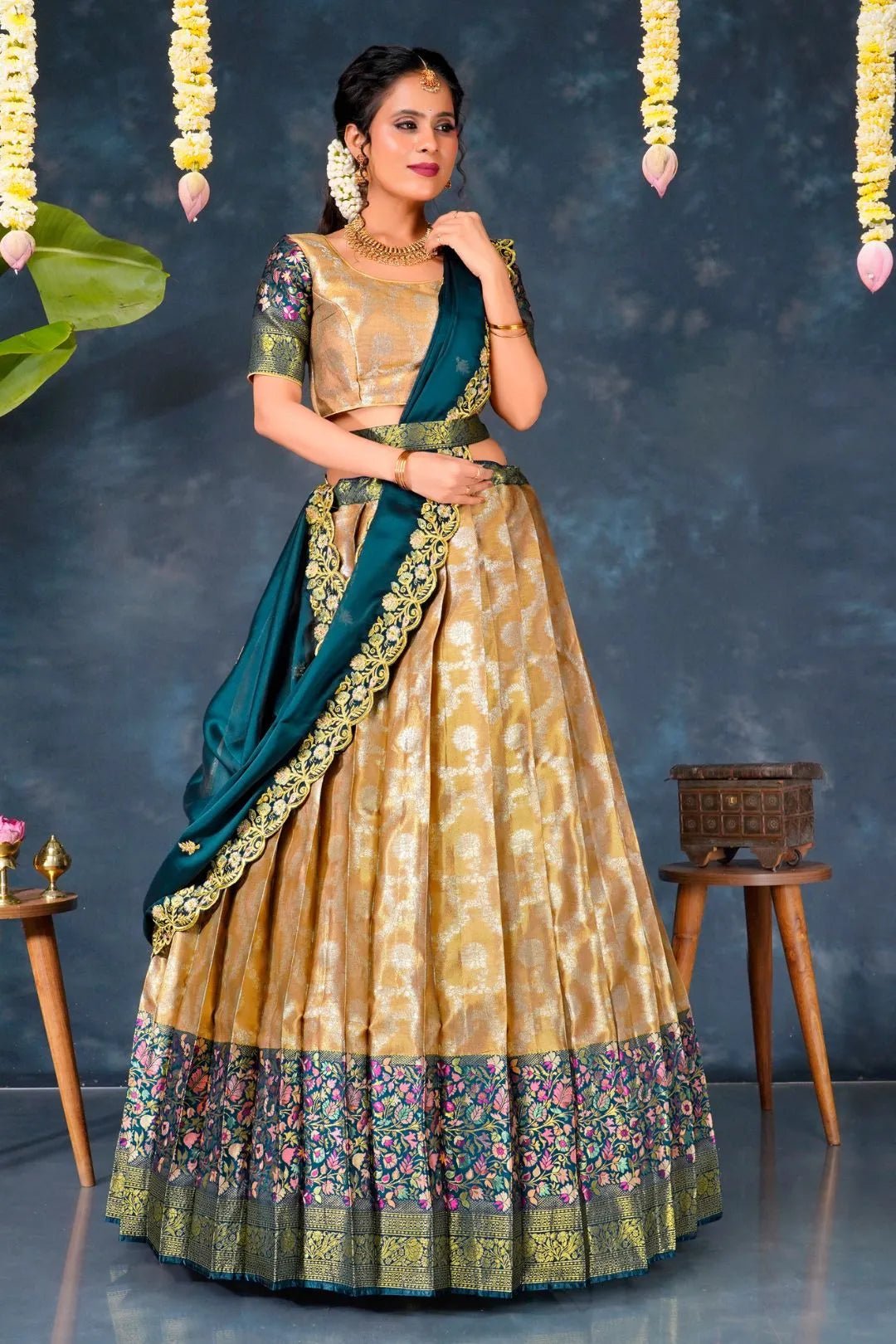 Peach Banarasi Silk Pattu Half Saree With Zari Work - Gajiwala