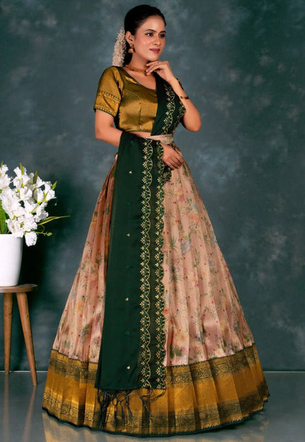 Peach Designer Banarasi Pattu Lehenga With Zari Work - Gajiwala