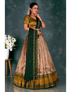 Peach Designer Banarasi Pattu Lehenga With Zari Work - Gajiwala