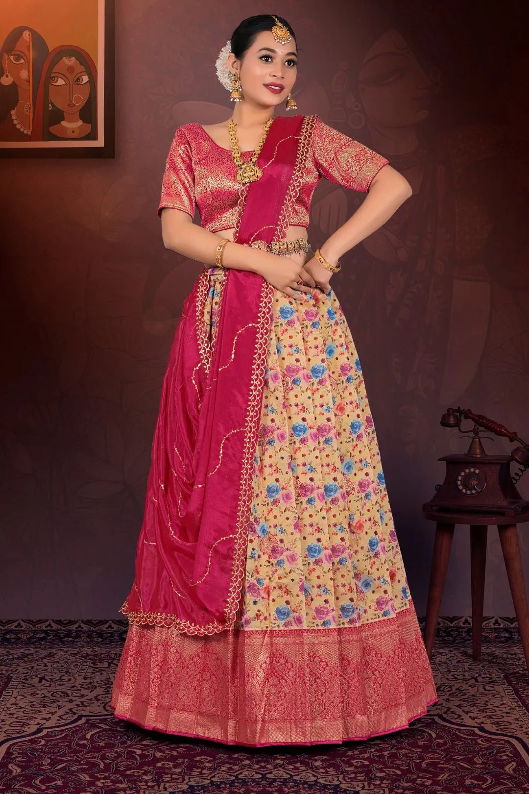 Peach Digital Print Lehenga Choli In Tissue Silk Fabric - Gajiwala