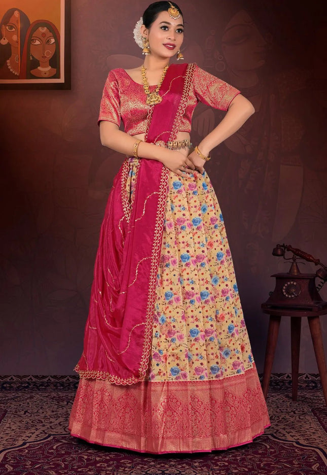 Peach Digital Print Lehenga Choli In Tissue Silk Fabric - Gajiwala