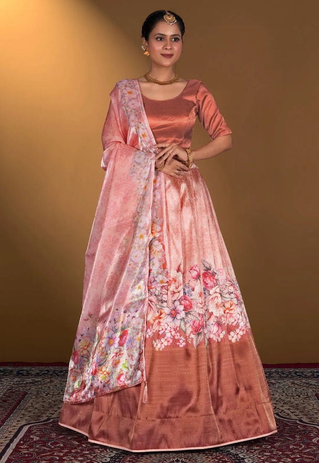Peach Digital Printed Satin Lehenga With Chinnon Dupatta - Gajiwala