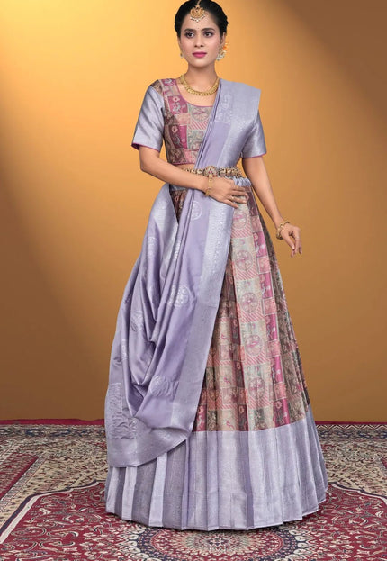 Peach Jacquard Fabric Half Saree With Digital Print - Gajiwala