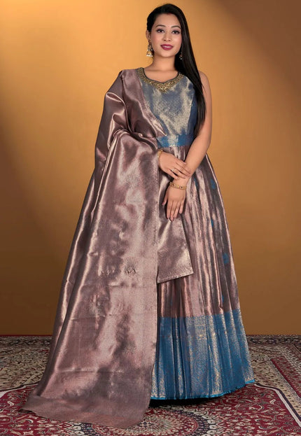 Peach Long Gown Banarasi Silk Zari Weaving - Gajiwala