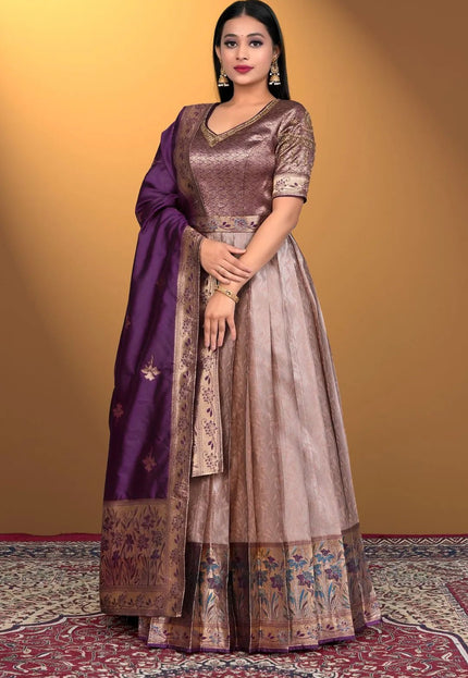 Peach Long Gown Banarasi Silk Zari Weaving - Gajiwala