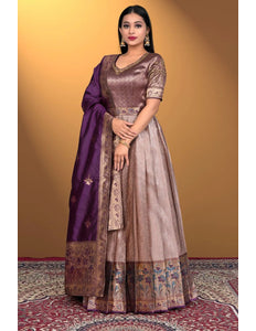 Peach Long Gown Banarasi Silk Zari Weaving - Gajiwala