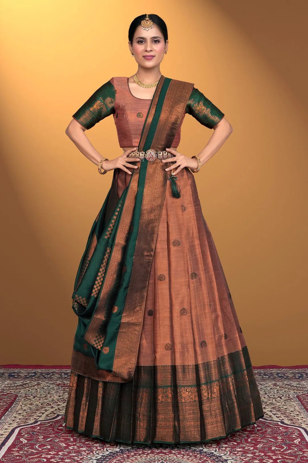 Peach Pink Banarasi Pattu Half Saree With Zari Woven - Gajiwala