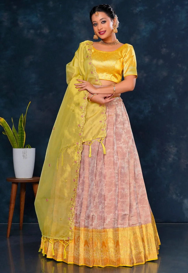 Peach Pure Tissue Silk Half Saree with Zari Weaving - Gajiwala