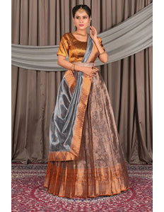 Peach Pure Two Tone Zari Tissue Pattu Half Saree For Women - Gajiwala