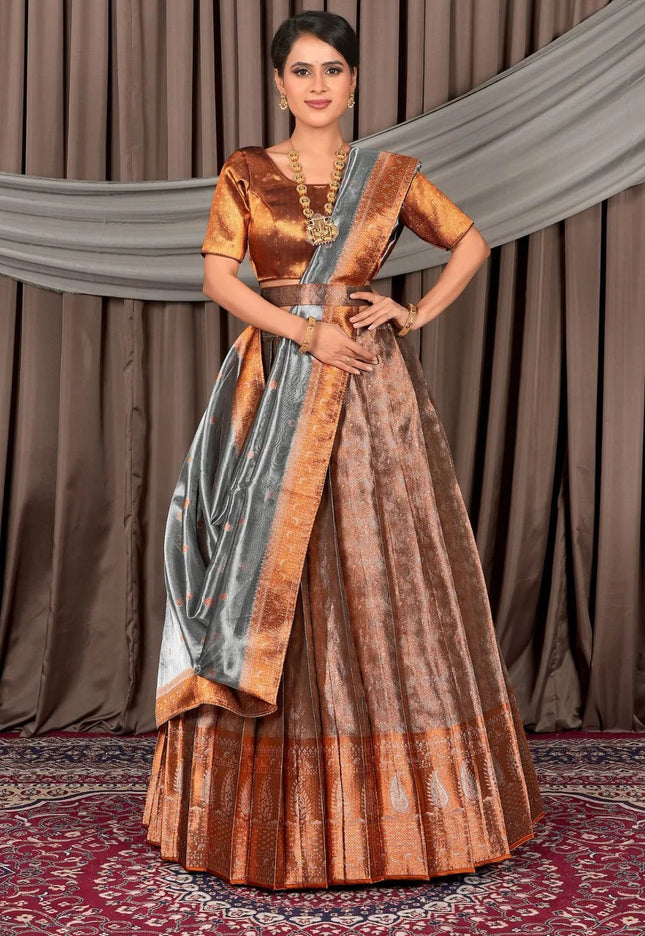 Peach Pure Two Tone Zari Tissue Pattu Half Saree For Women - Gajiwala