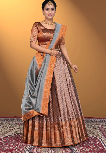 Peach Pure Two Zari Tissue Half Saree For Women - Gajiwala