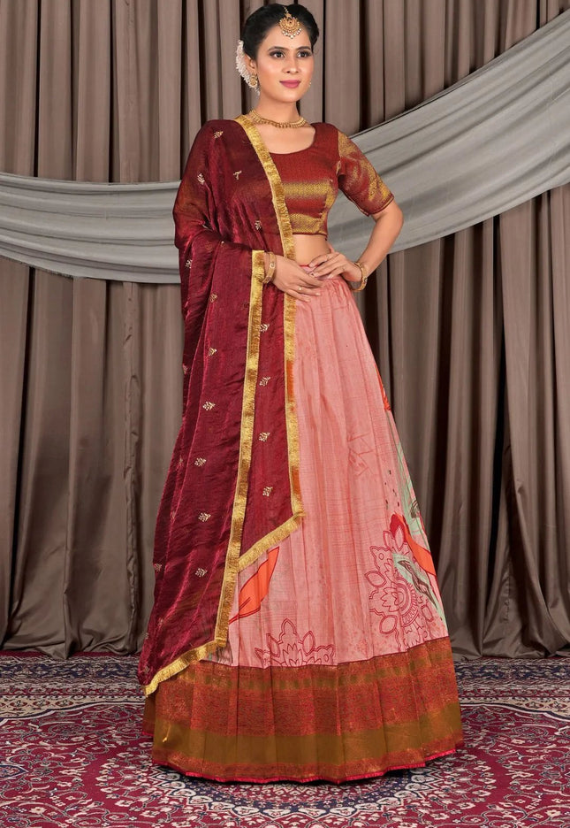 Peach Viscose with Digital Print Lehenga Choli For Women - Gajiwala