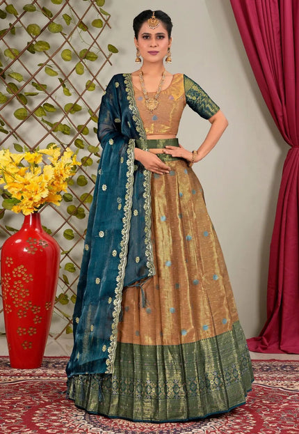 Peach Zari Silk Semi - Stitched Lehenga For Women - Gajiwala