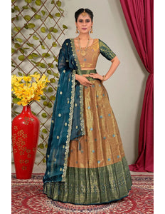 Peach Zari Silk Semi - Stitched Lehenga For Women - Gajiwala