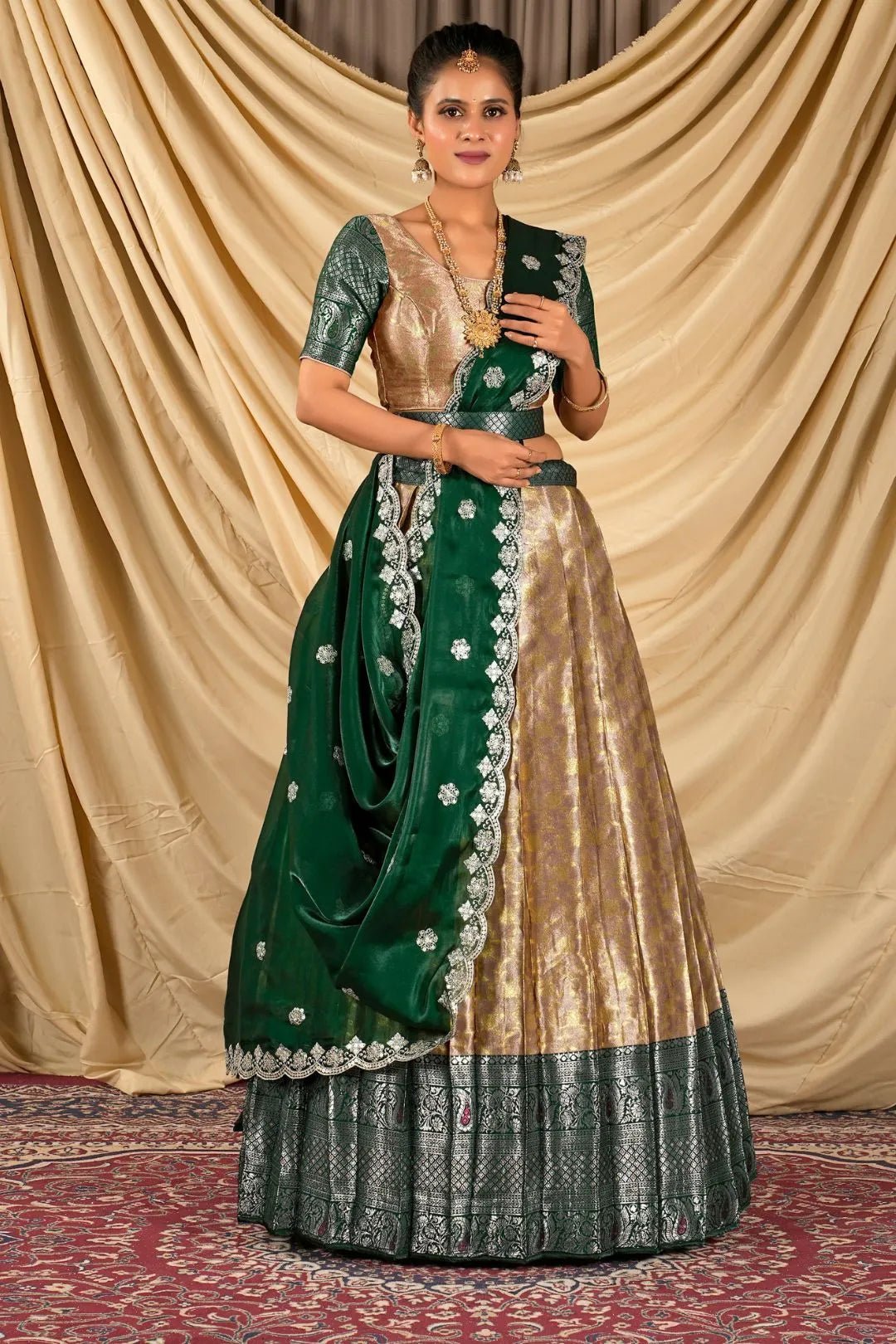 Peach Zari Tissue Half Saree with Zari Woven For Women - Gajiwala