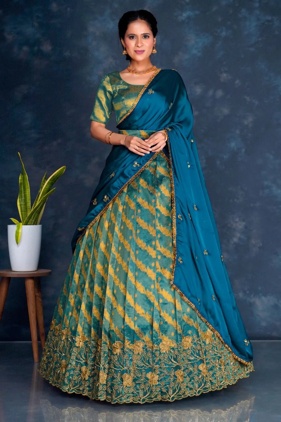 Peacock Tissue Silk Lehenga Choli With Zari Woven - Gajiwala