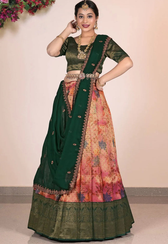 Pink Banarasi Jacquard Half Saree With Digital Print - Gajiwala