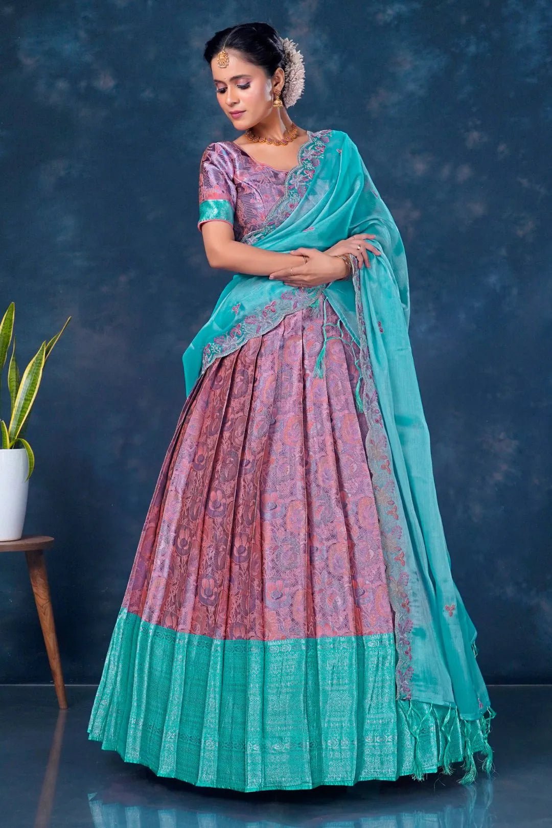 Pink Banarasi Lehenga Choli With Sea Green Dupatta - Gajiwala