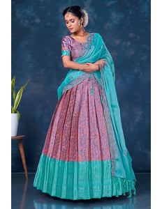 Pink Banarasi Lehenga Choli With Sea Green Dupatta - Gajiwala