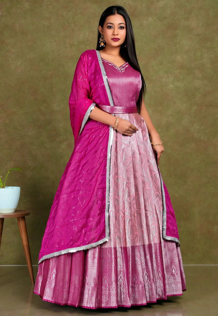 Pink Banarasi Long Gown With Dupatta - Gajiwala