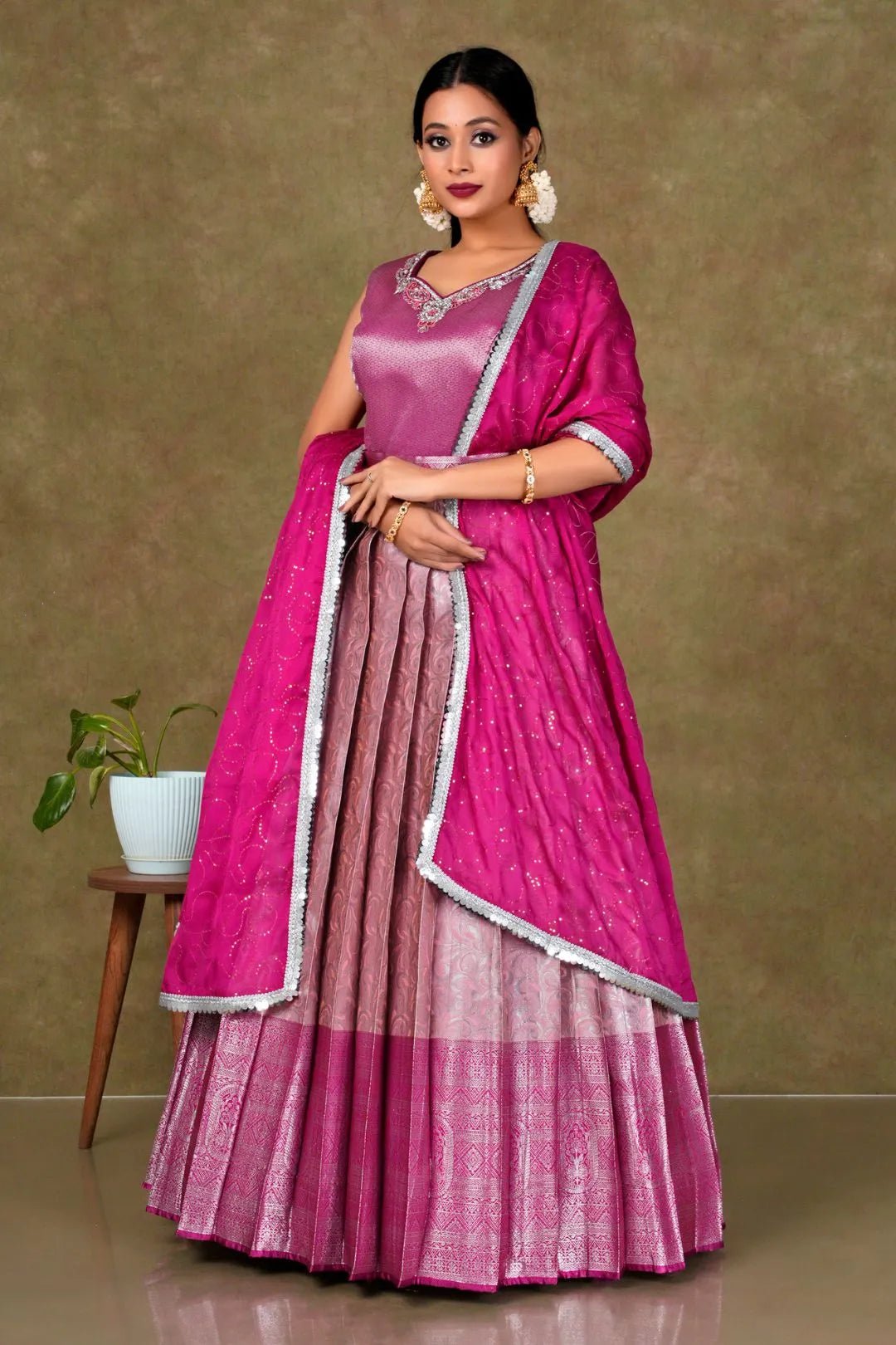 Pink Banarasi Long Gown With Dupatta For Women - Gajiwala
