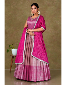 Pink Banarasi Long Gown With Dupatta For Women - Gajiwala