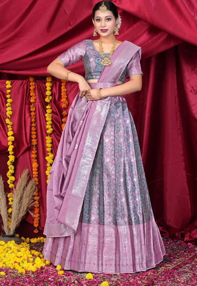 Pink Banarasi Silk Half Saree With Zari Weaving - Gajiwala