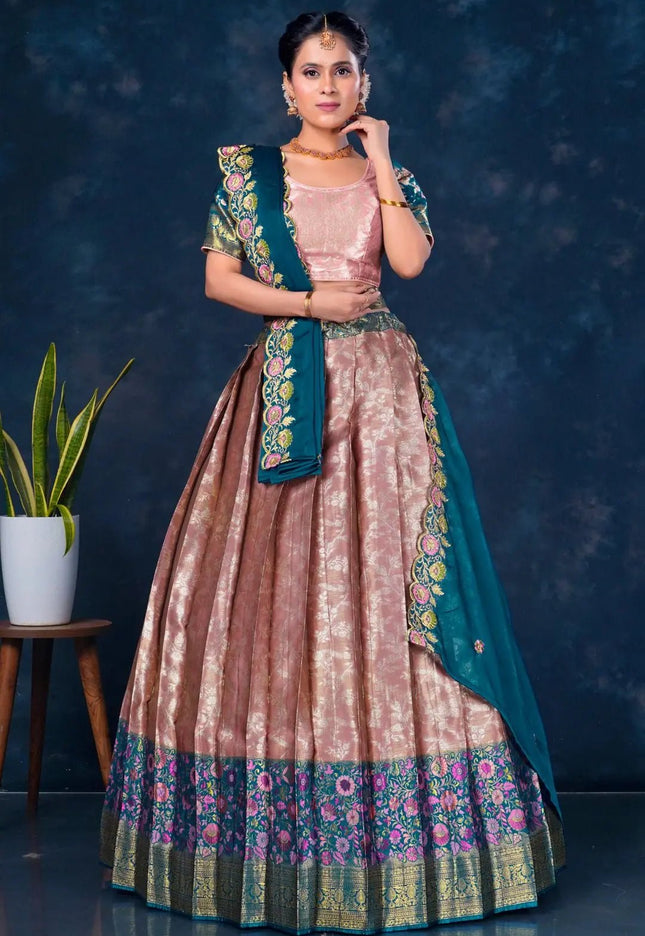 Pink Banarasi Silk Pattu Half Saree With Zari Work - Gajiwala