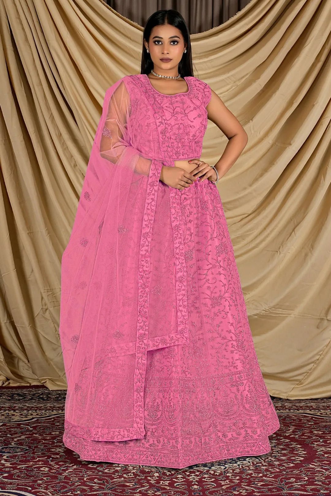 Pink Colour Net Crop Top Lehenga Choli - Gajiwala