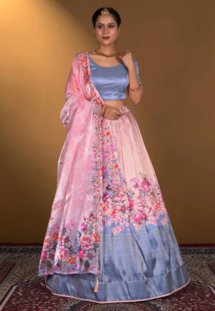Pink Digital Printed Satin Lehenga With Chinnon Dupatta - Gajiwala
