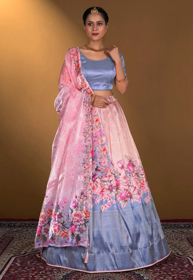 Pink Digital Printed Satin Lehenga With Chinnon Dupatta - Gajiwala