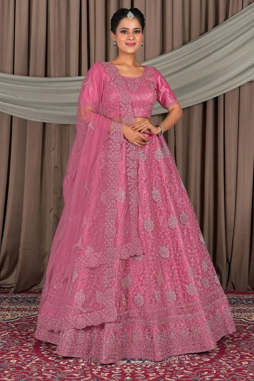 Pink Embroidered Bridesmaid Lehenga Choli In Net - Gajiwala