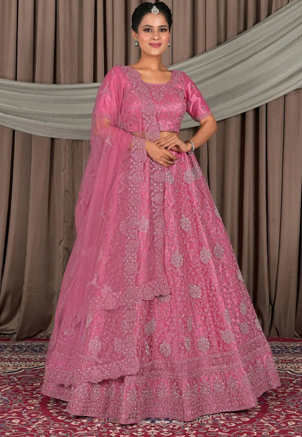 Pink Embroidered Bridesmaid Lehenga Choli In Net - Gajiwala