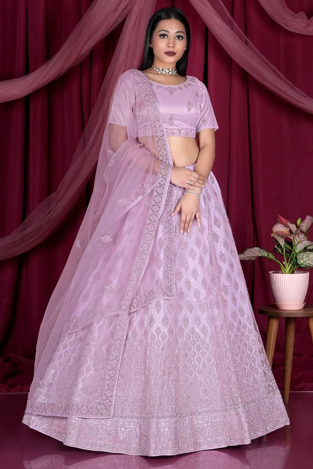 Pink Embroidery Work Net Lehenga Choli - Gajiwala