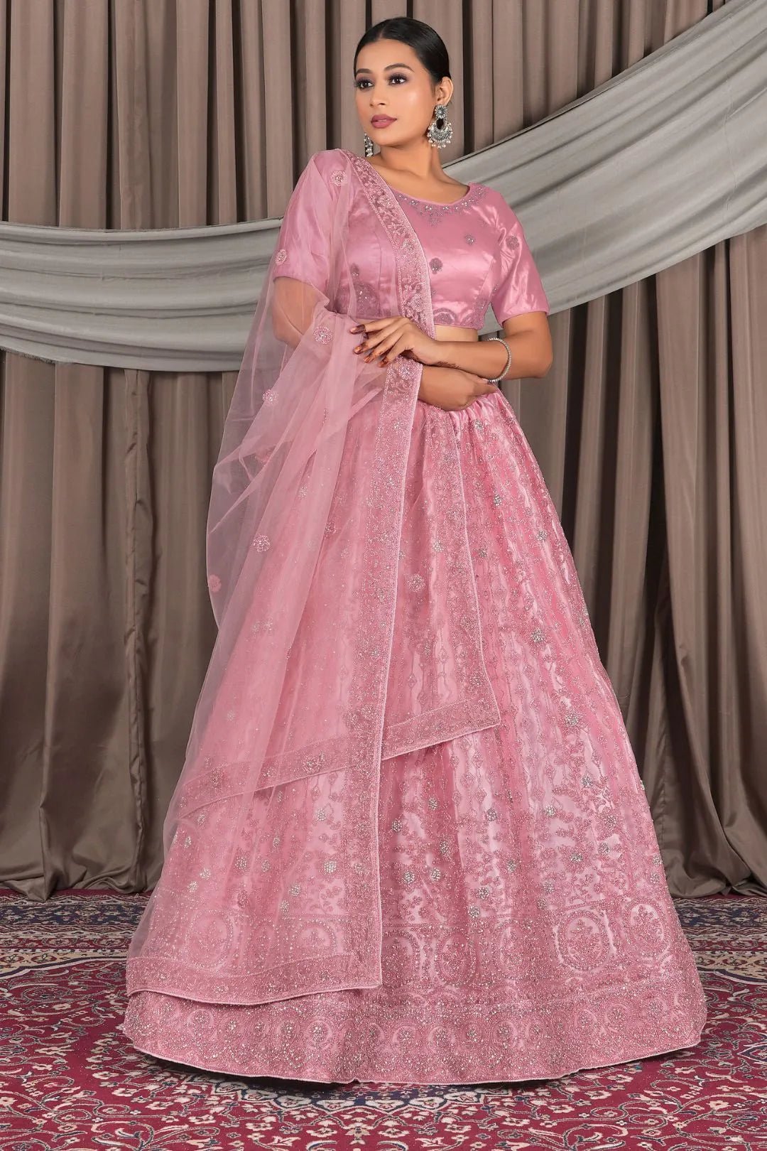 Pink Embroidery Work Net Lehenga Choli - Gajiwala