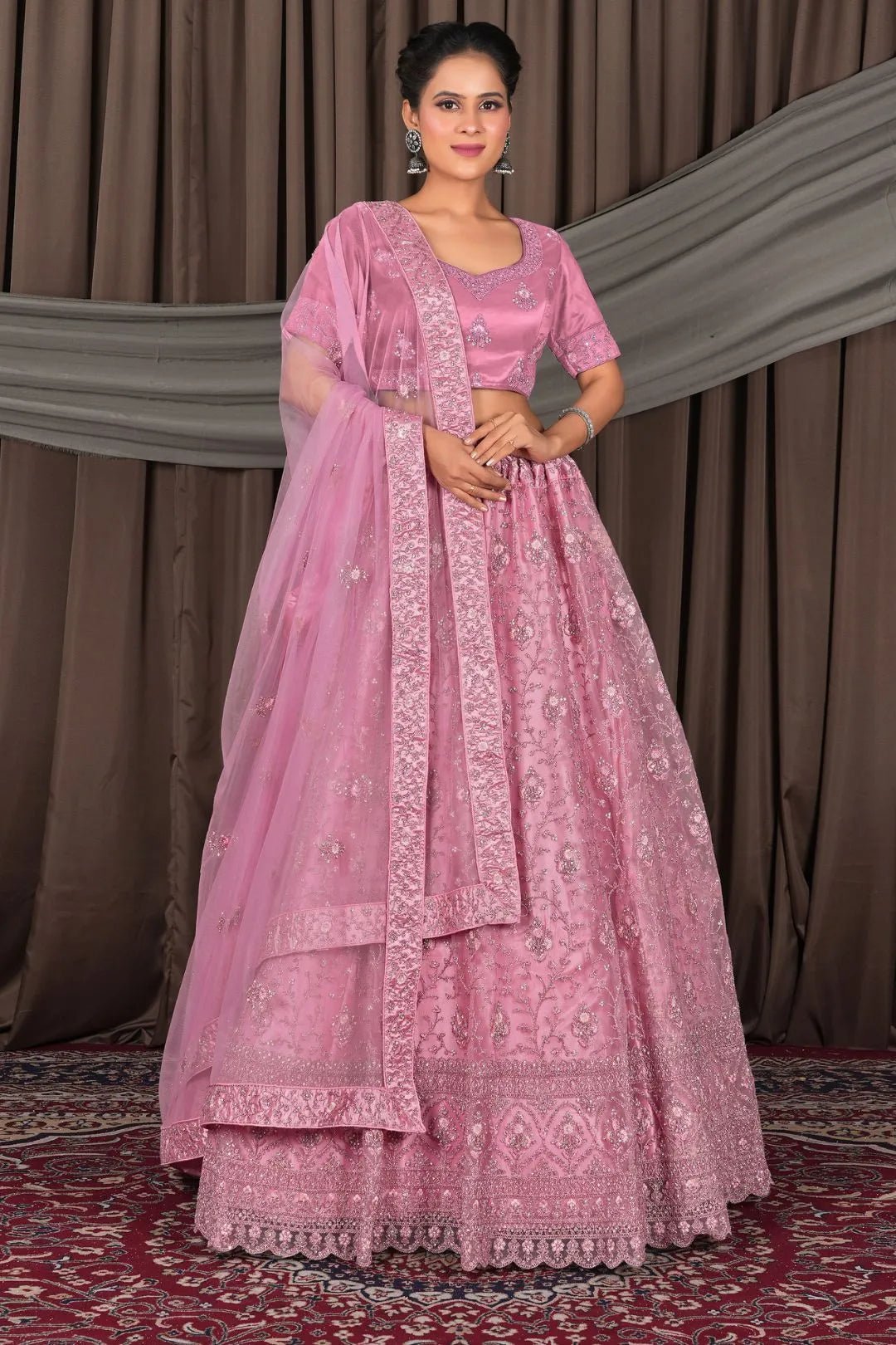 Pink Net Lehenga Choli With Embroidery Work - Gajiwala