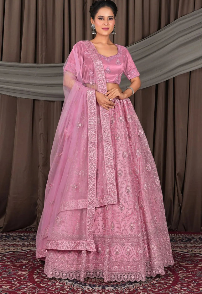 Pink Net Lehenga Choli With Embroidery Work - Gajiwala