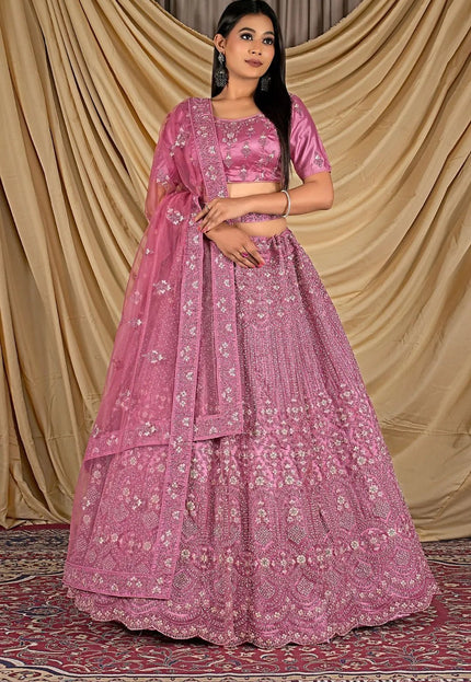 Pink Party Wear Embroidered Net Lehenga Choli For Women - Gajiwala