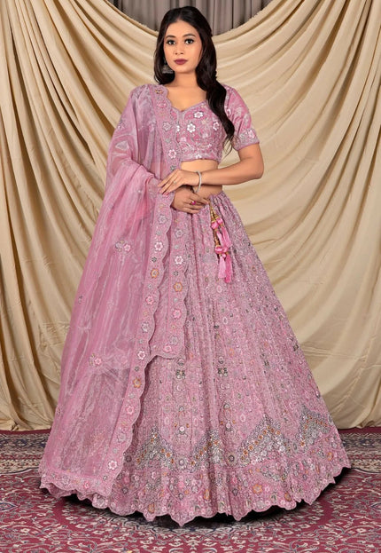 Pink Party Wear Embroidered Twill Net Lehenga Choli For Women - Gajiwala