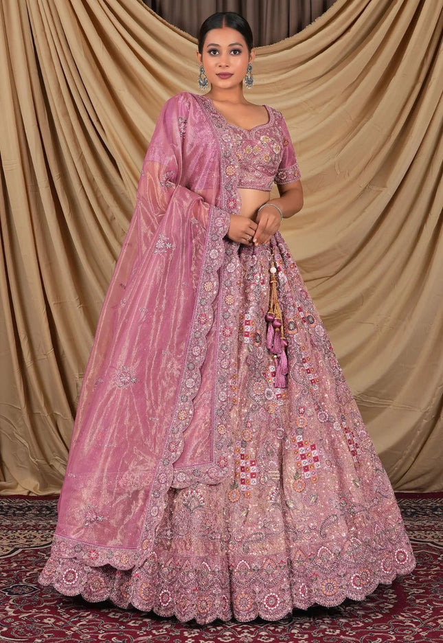 Pink Party Wear Embroidered Twill Net Lehenga Choli For Women - Gajiwala