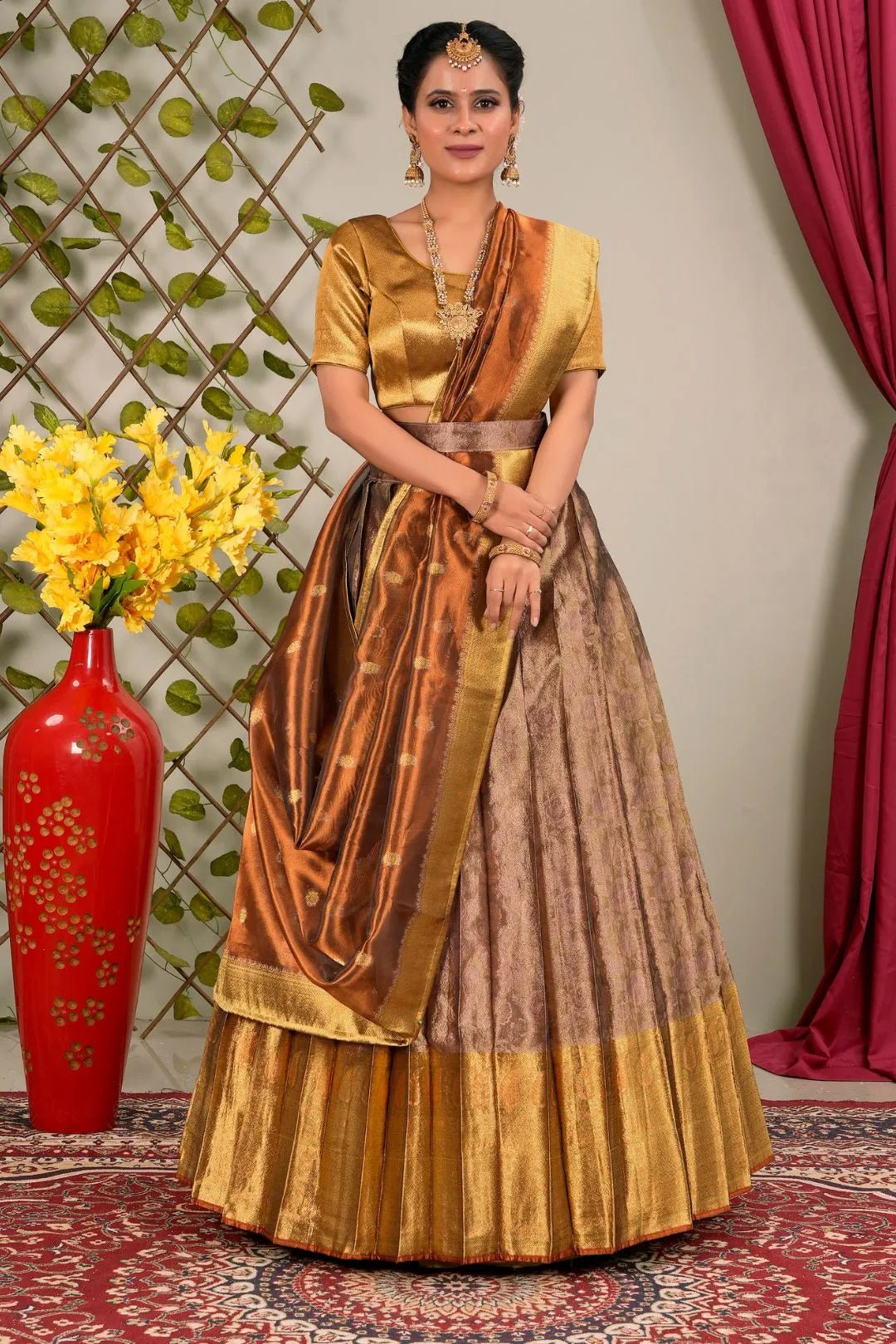 Pink Pure Two Tone Zari Tissue Pattu Lehenga Choli - Gajiwala