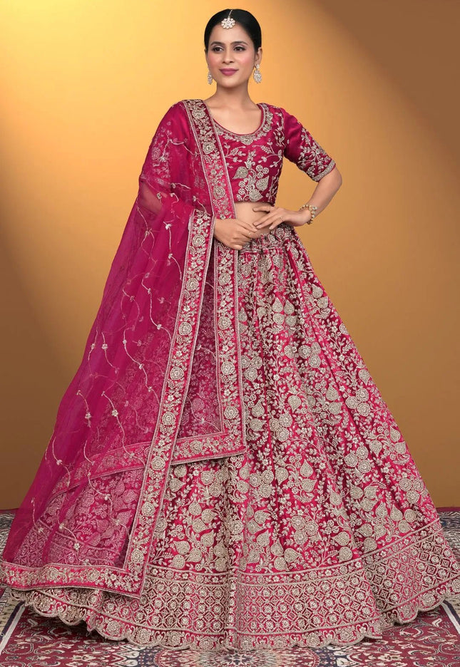 Pink Velvet Lehenga Choli With Net Dupatta For Women - Gajiwala