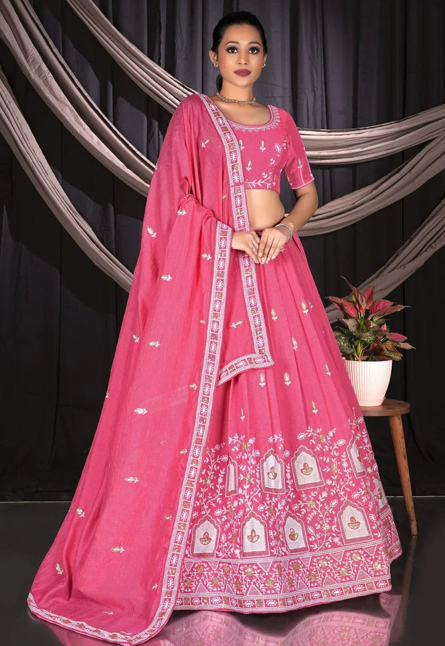 Pink Vichitra Silk Crop Top Lehenga For Women - Gajiwala