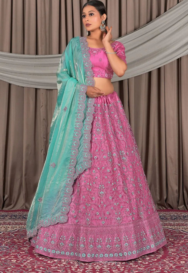 Pink Wedding Wear Embroidered Net Lehenga Choli For Women - Gajiwala