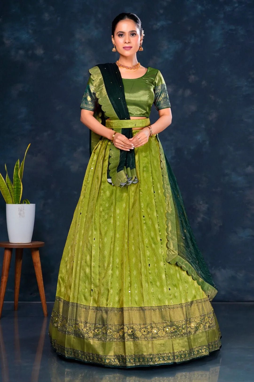 Pista Banarasi Designer Half Saree For Women - Gajiwala