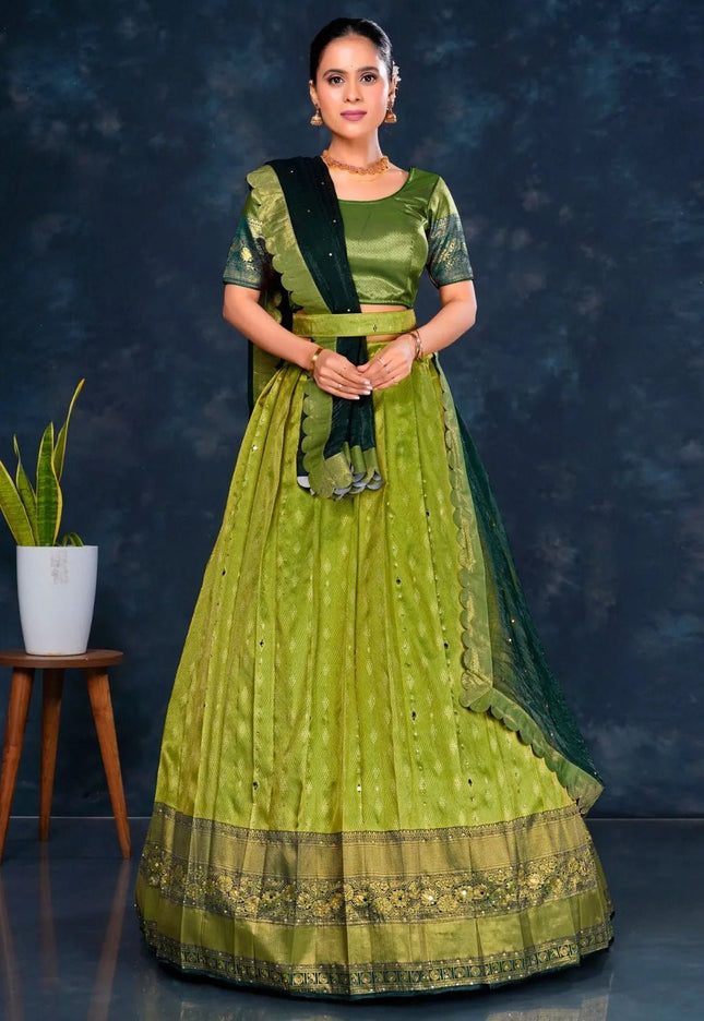 Pista Banarasi Designer Half Saree For Women - Gajiwala