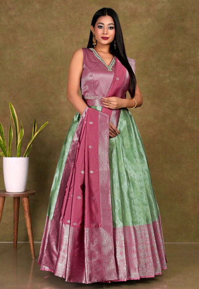 Pista Banarasi Long Frock With Dupatta For Women - Gajiwala