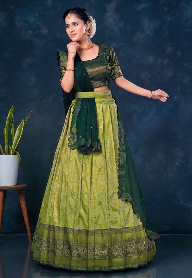 Pista Banarasi Silk Half Saree For Women - Gajiwala